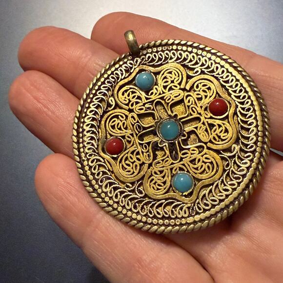 Tibetan Double-Sided Amulet & Turquoise Coral Inlays Pendant - Picture 4 of 5